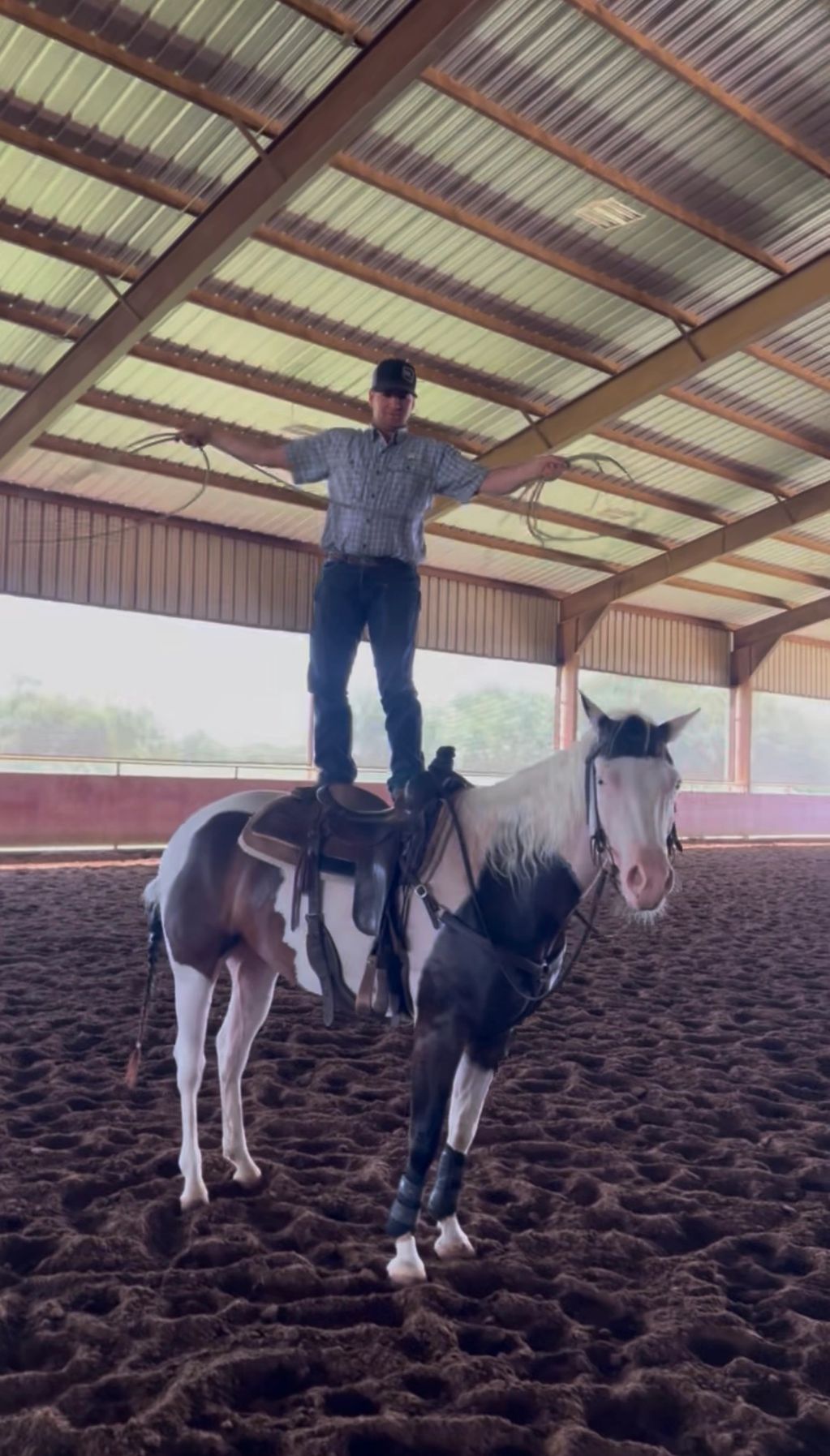 Man standing on a horse inside an indoor arena.