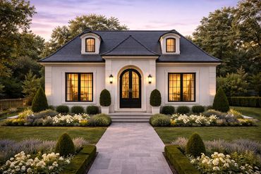 Elegant house with warm lights and lush gardens at dusk.