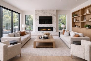 Modern living room with marble fireplace and neutral-toned furniture.