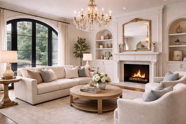Elegant living room with neutral tones, a chandelier, and a cozy fireplace.