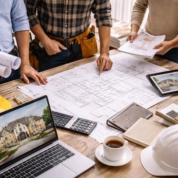 Architects and engineers collaborating over building plans and designs.