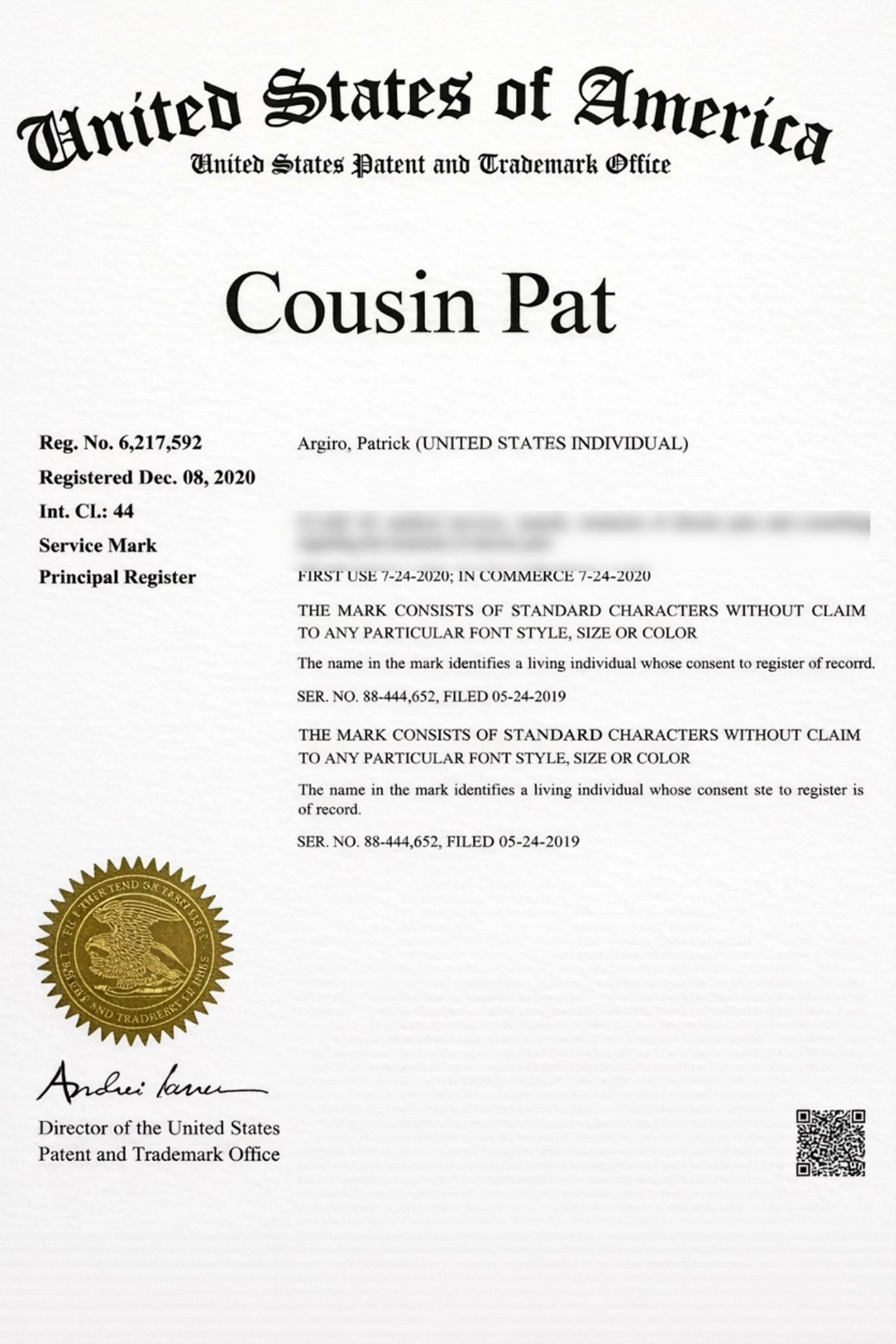 Trademark certificate for "Cousin Pat" registered in the United States.