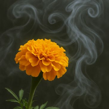 marigold incense renewal healing reflection bright aroma spiritual warmth uplifting smoke soft glow