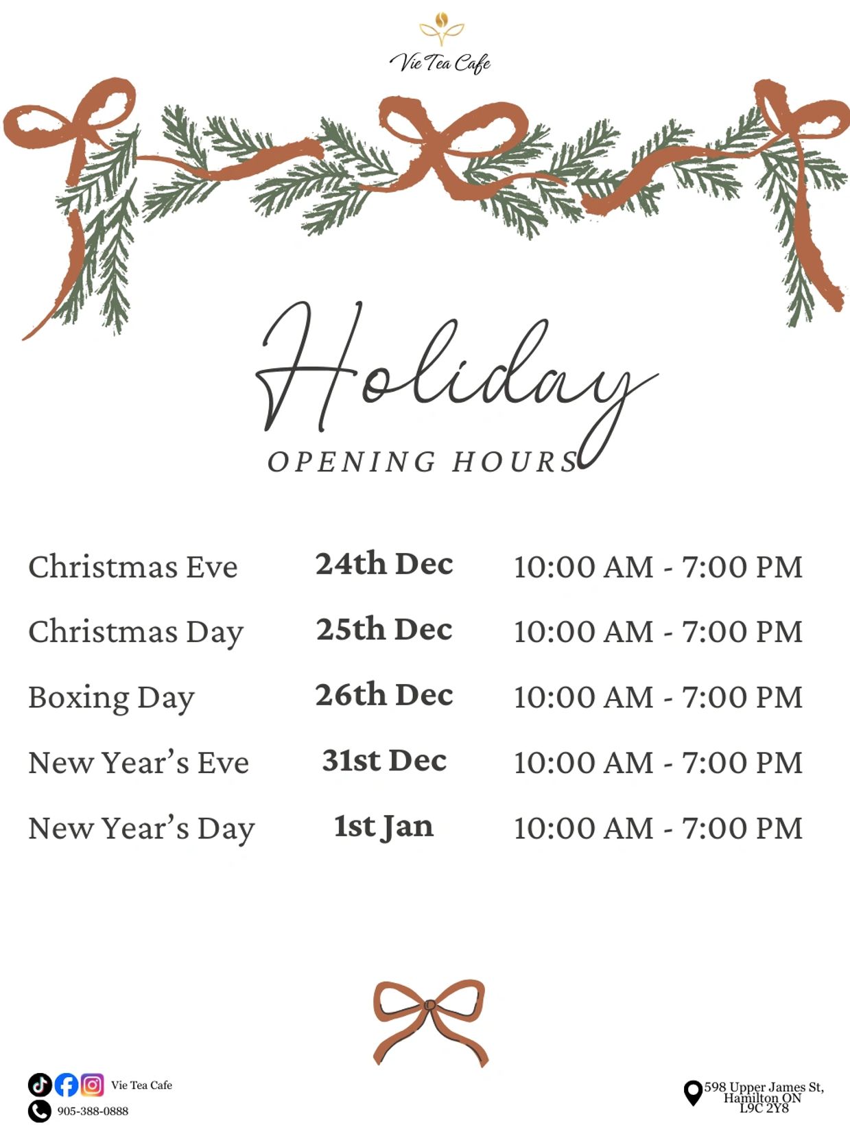 Vie Tea Cafe's Holiday Season Hours.
We are open! Including Christmas Day and New Years Day!