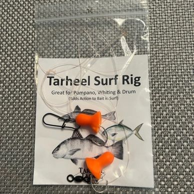 Hand tied double dropper surf fishing rig for Pompano, Drum, Whiting (mullet) with orange floats.
