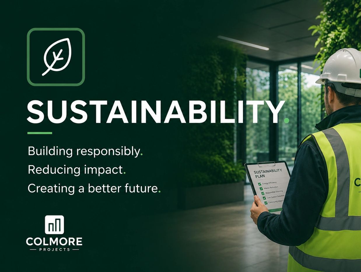 Construction worker reviewing a sustainability plan emphasizing responsible building and impact reduction.
