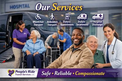Healthcare transport services with a caring team assisting elderly patients at hospital.
