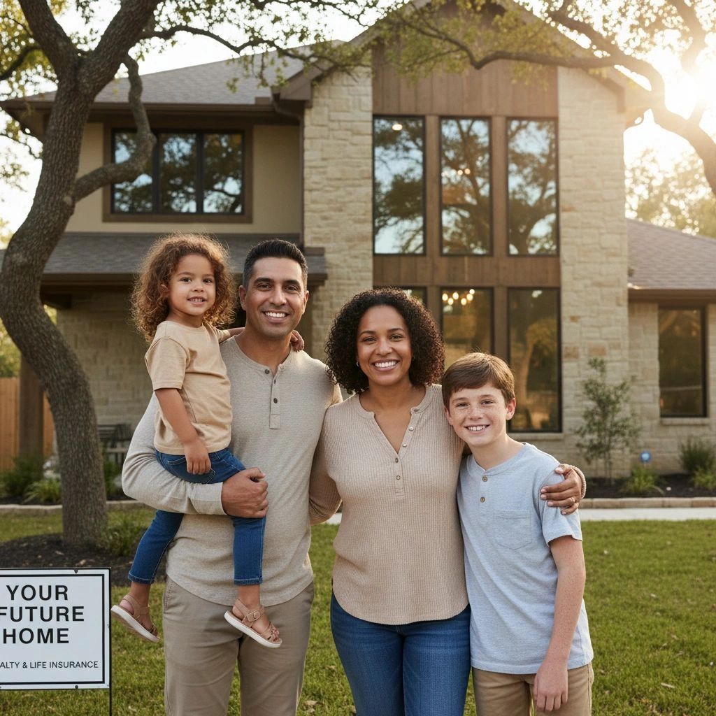 Happy family standing in front of their new home with a "Your Future Home" sign.