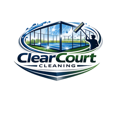Logo of Clear Court Cleaning with a person cleaning glass around a tennis court.