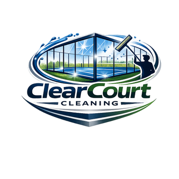 Logo of Clear Court Cleaning with a person cleaning glass around a tennis court.