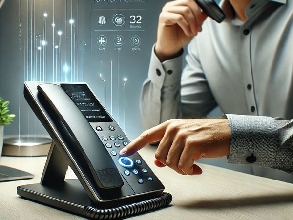 Professional using modern VOIP phone system in a business tech environment