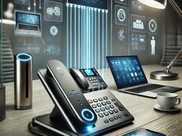 Futuristic VOIP phone and tech devices on a desk in a modern digital office setting