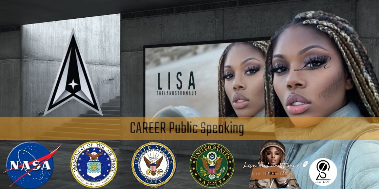 Promotional image for Lisa The Landstronaut's public speaking career with NASA and military logos.