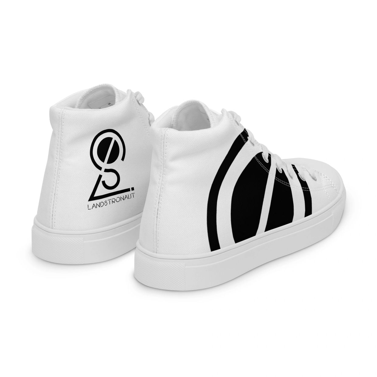 White high-top sneakers with black graphic designs and logo.