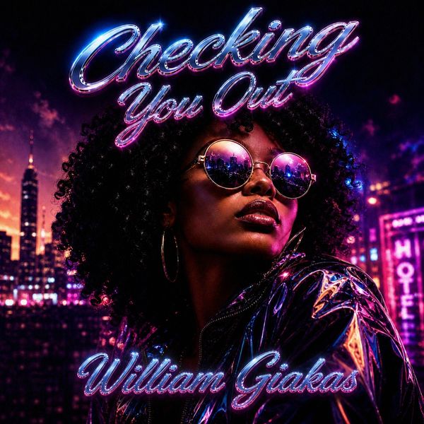 A stylish woman in sunglasses with neon city reflections and glowing text.