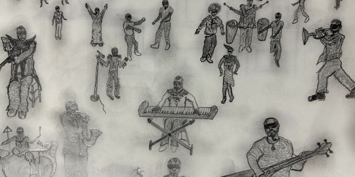 Group of Klark E Darks engaged in various musical activities and each one a version of him in the fo