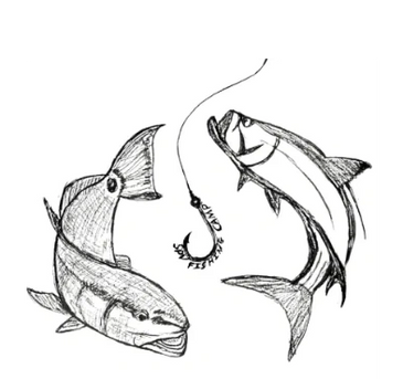 Black and white sketch of two fish and a fishing hook with text.