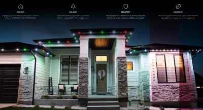 Modern house with smart lighting and security features.