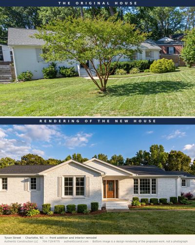 Comparison of old and new house exterior with a front addition and remodel.