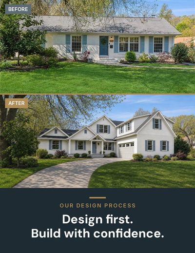 Before and after front elevation of a Charlotte, NC home renovation by Authentic Construction, trans