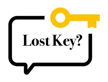 Illustration of a yellow key and a speech bubble with 'Lost Key?' text.