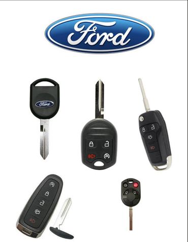 Various Ford car keys and fobs displayed under the Ford logo.