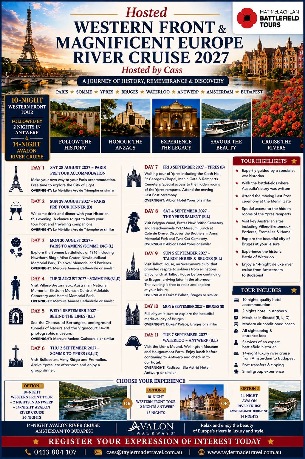 Poster for 2027 Western Front & Europe River Cruise with historical tours and luxury river cruise options.