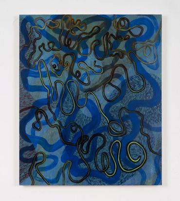 Vertical painting with curved black, green and blue lines moving all over the surface.