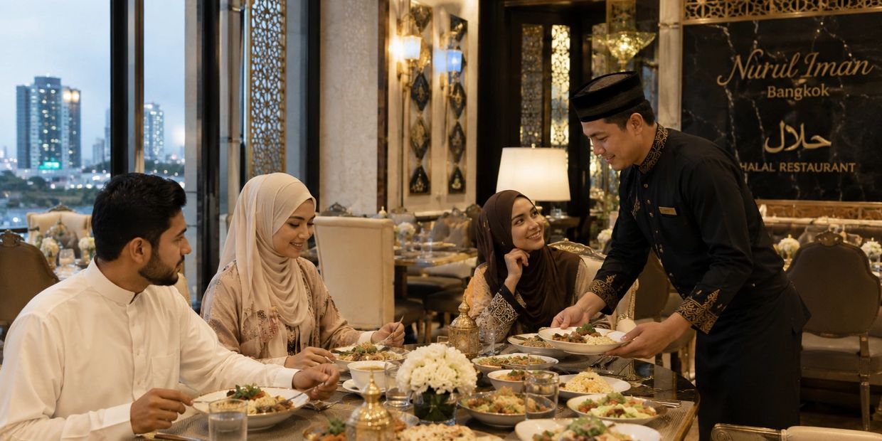 A waiter serves food to a smiling Muslim family dining in an elegant halal restaurant in Bangkok.