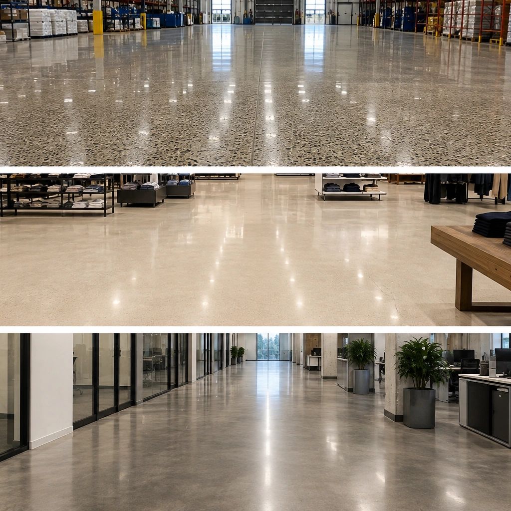 Polished concrete floors in different commercial spaces.