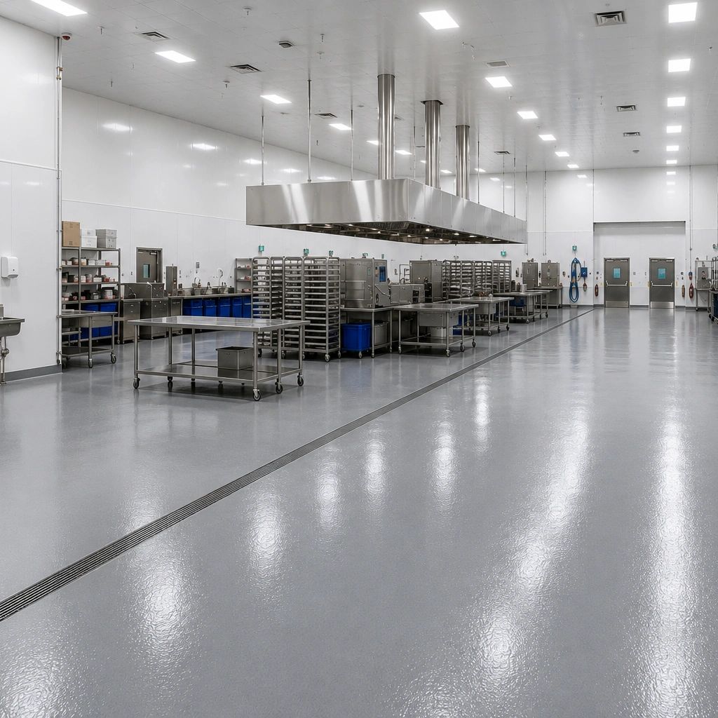 Large industrial kitchen with stainless steel equipment and bright lighting.
