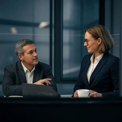 Two professionals in business attire having a conversation indoors.