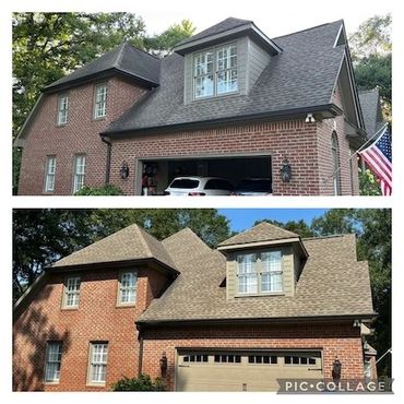 Two brick houses with different roof and garage door styles.