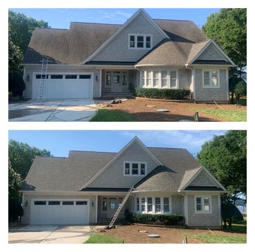Two photos of a house with a ladder on the roof taken from different angles.