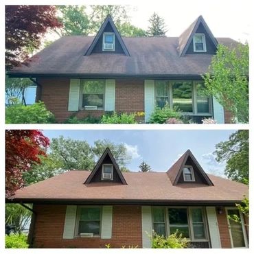 Before and after photos of a brick house with a cleaned roof and improved landscaping.