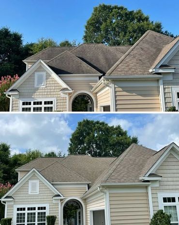 Before and after photos showing a house with improved lighting and clear sky.