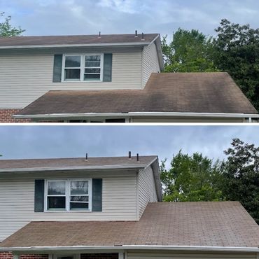 Before and after roof cleaning showing a cleaner roof in the second image.