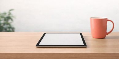 A tablet and mug on a desk to depict Good Egg's website design and build service