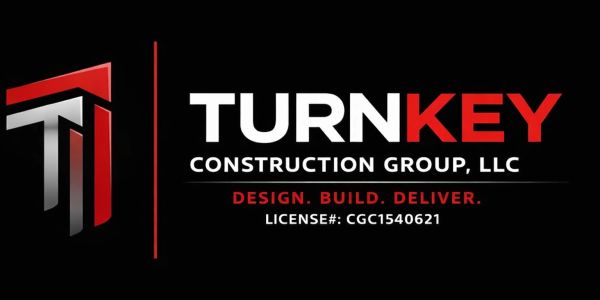 Modern logo for Turnkey Construction Group with bold red and white text on black.
