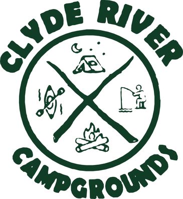 Clyde River Campgrounds logo with camping, fishing, kayaking, and campfire icons.
