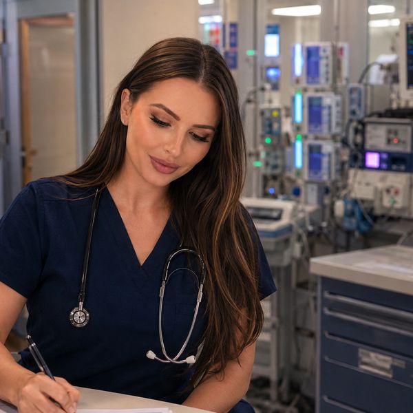 A female healthcare professional in navy scrubs with a stethoscope, writing notes in a medical setting.
