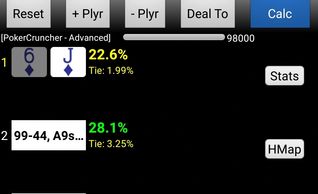 PokerCruncher screenshot showing J6s equity versus other hands.