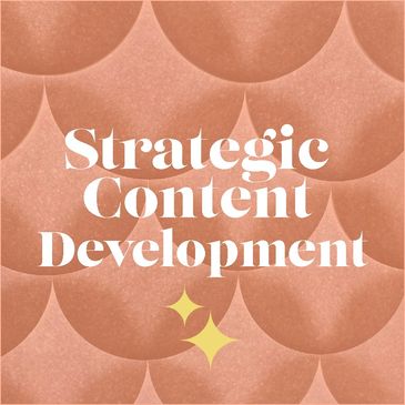 Text 'Strategic Content Development' on a stylish peach and gold scalloped background.