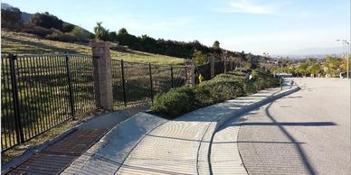 Sidewalk with a metal fence and greenery on a sunny day.