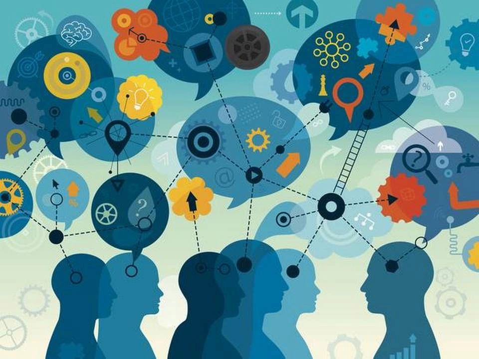 Vibrant vector illustration is showing a teacher and adult students in the middle of the process of facilitating learning. On the bottom part of the illustration there are students and teacher; above them there are different speech bubbles randomly filled with different elements/icons related with education, learning and teaching. Those elements are: light bulb for new knowledge and ideas; gears and wheels for thinking and processing; question mark for questioning; magnifying glass for looking the right solution or to look closer to the problem; brain for thinking and intelligence; speech bubbles for communication ect. Illustration is nicely layered. Vibrant vector illustration is showing a teacher and adult students in the middle of the process of facilitating learning. On the bottom part of the illustration there are students and teacher; above them there are different speech bubbles randomly filled with different elements/icons related with education, learning and teaching. Those elements are: light bulb for new knowledge and ideas; gears and wheels for thinking and processing; question mark for questioning; magnifying glass for looking the right solution or to look closer to the problem; brain for thinking and intelligence; speech bubbles for communication ect. Illustration is nicely layered.