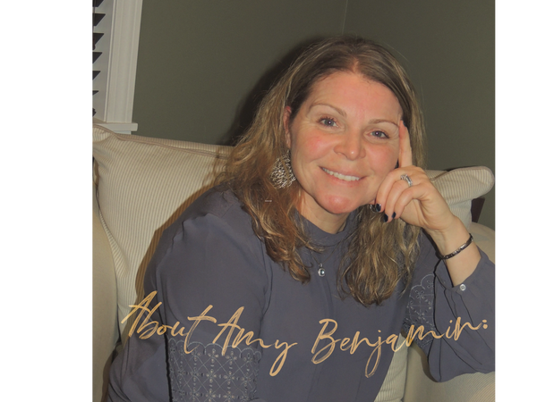 A woman smiling warmly, sitting on a couch with text 'About Amy Benjamin'.
