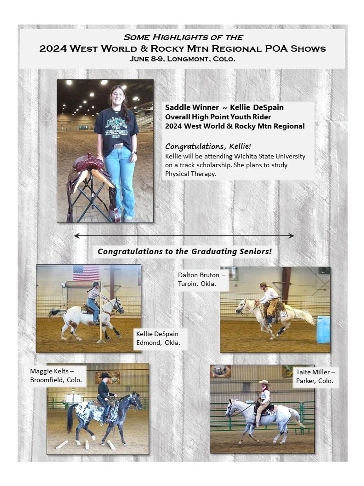 Overall high point youth rider next to saddle, and 4 graduating seniors riding their ponies.