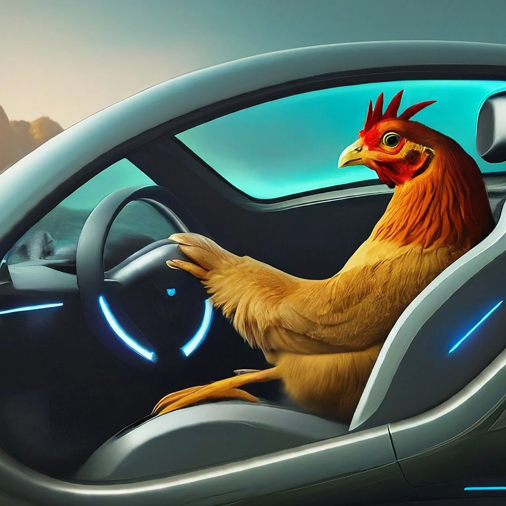 orange chicken driving a car