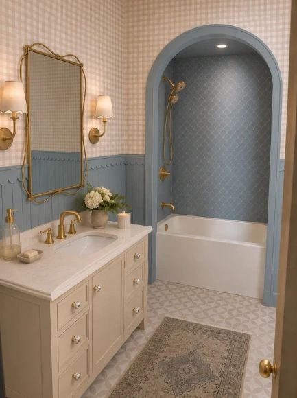 Little girls bathroom, bathroom design, custom millwork, wallpaper design