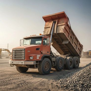Large orange dump truck unloading gravel at a construction site.